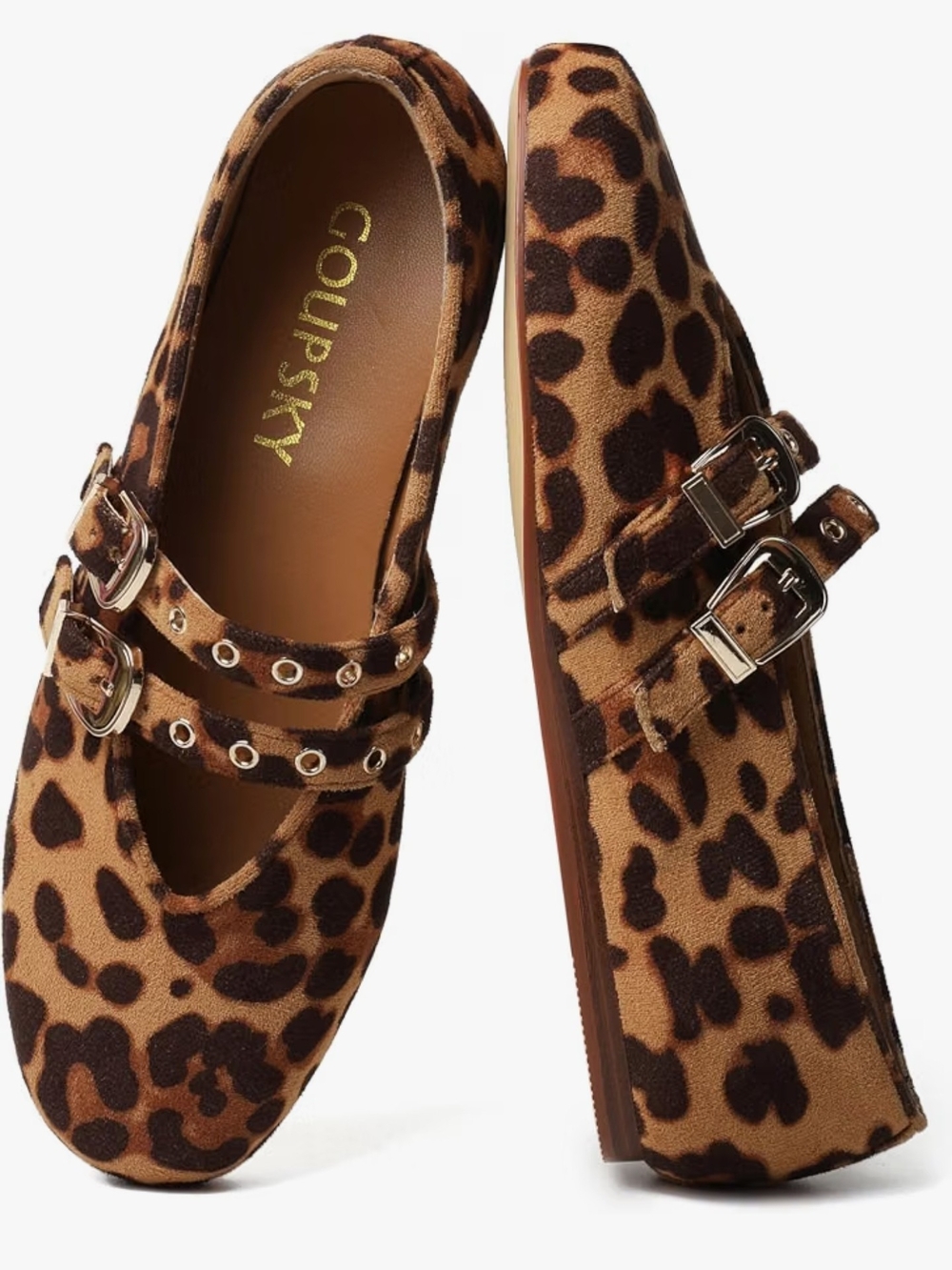 Leopard Print Double-Buckle Mary Jane Flats - Brown